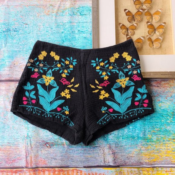 Honey Punch Black Embroidered Festival Shorts, L - Picture 2 of 10
